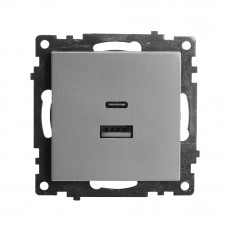 Розетка 2-местная USB + type C (механизм)), STEKKER GLS10-7116-03 , 250B, 3А, max 20W, серия Катрин, серебро