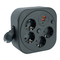 HM16-4-03-USB  Удлинитель 4-местный с/з, 3x1,5мм2, 3м, 230В, 16А, 2USB+1С, 2,4А, черный