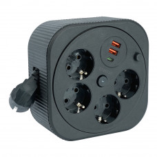HM16-4-03-USB  Удлинитель 4-местный с/з, 3x1,5мм2, 3м, 230В, 16А, 2USB+1С, 2,4А, черный