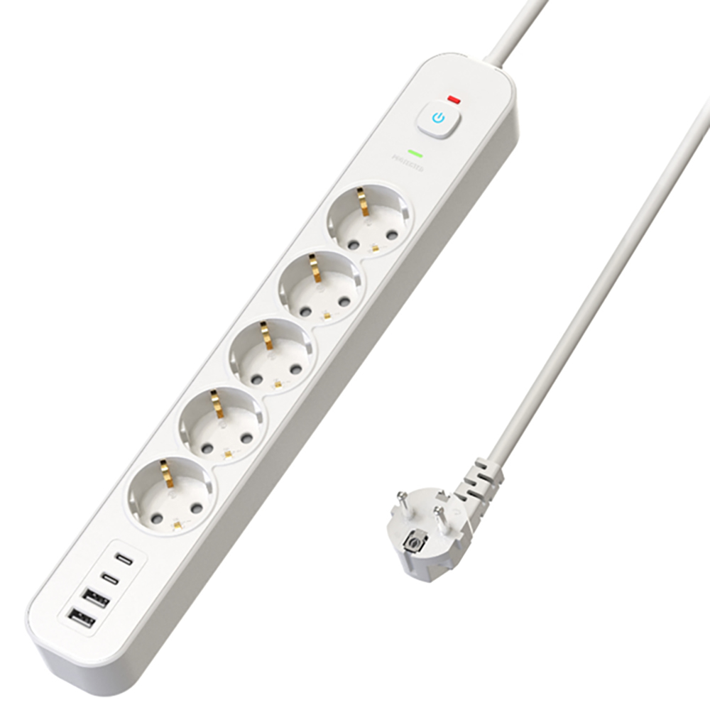 Сетевой фильтр 5-местный с/з STEKKER 3x1мм2, 3 м, 250В, 16А, 2 USB-A+2 Type-C 3, серия Nova, белый